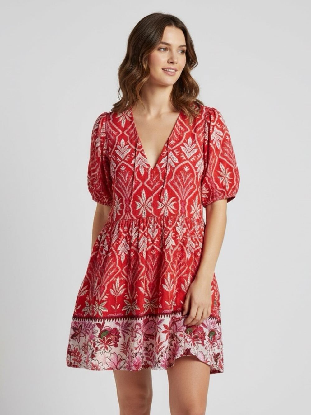 New MSK Petite Red Floral V-Neck Tiered Mini Dress size XLP